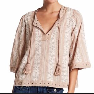 Tularosa Huxley Embroidered Top Medium Tassel Neutral Grommet Split Neckline